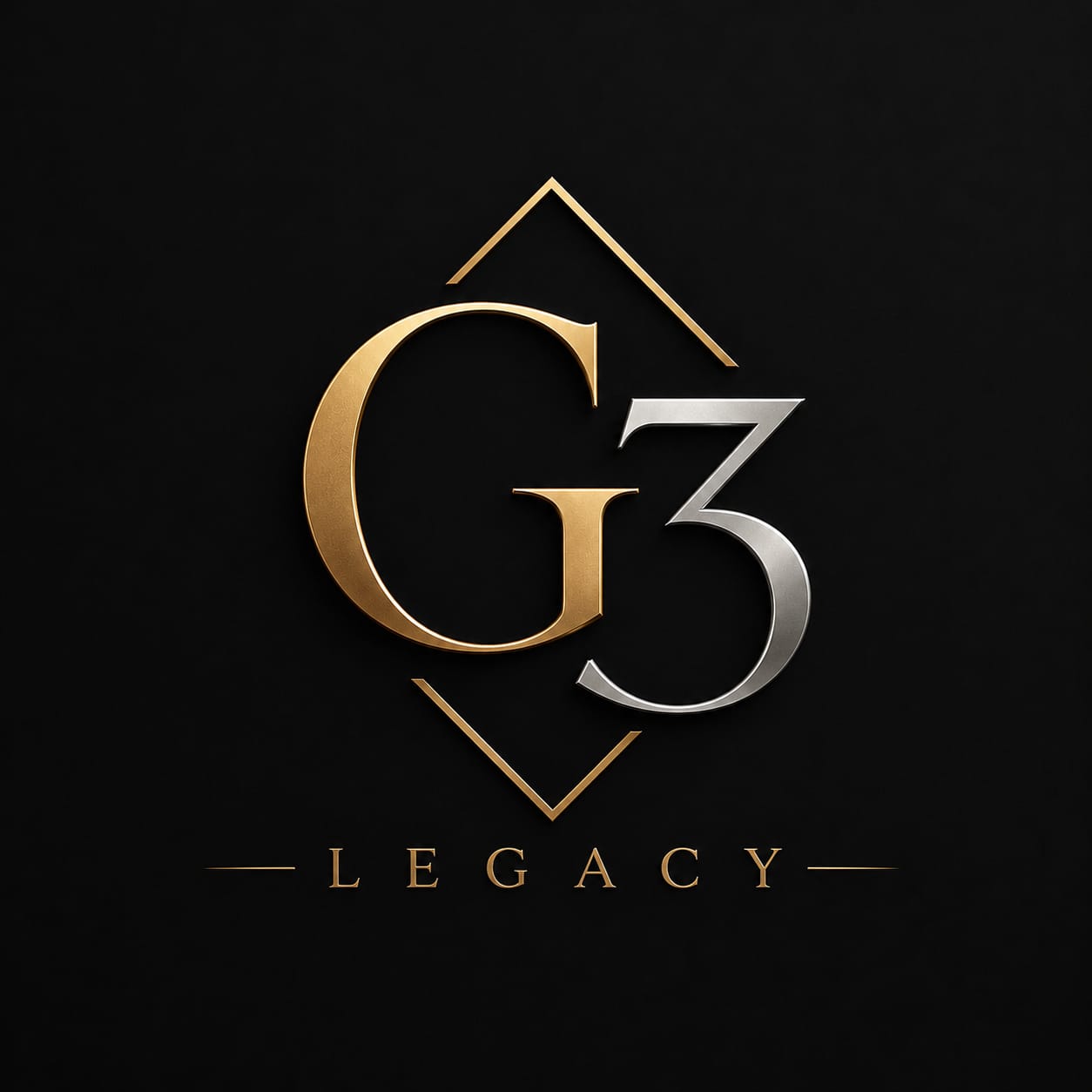 Marca do Grupo G3 Legacy: monograma G em dourado e 3 em prata dentro de um losango, com a palavra Legacy abaixo